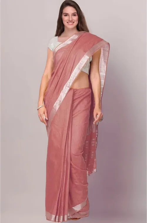 Elegant Dusty Rose Cotton Saree with Silver Zari Border